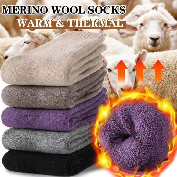 Women Merino Wool White Grey Sock 5 Pairs Warm Thick Crew Cozy Winter Boot Socks - Picture 2 of 6